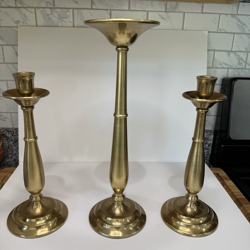 Pottery Barn Arlington Heavy Brass Candlesticks / Pillar Candle Holders Set of 3